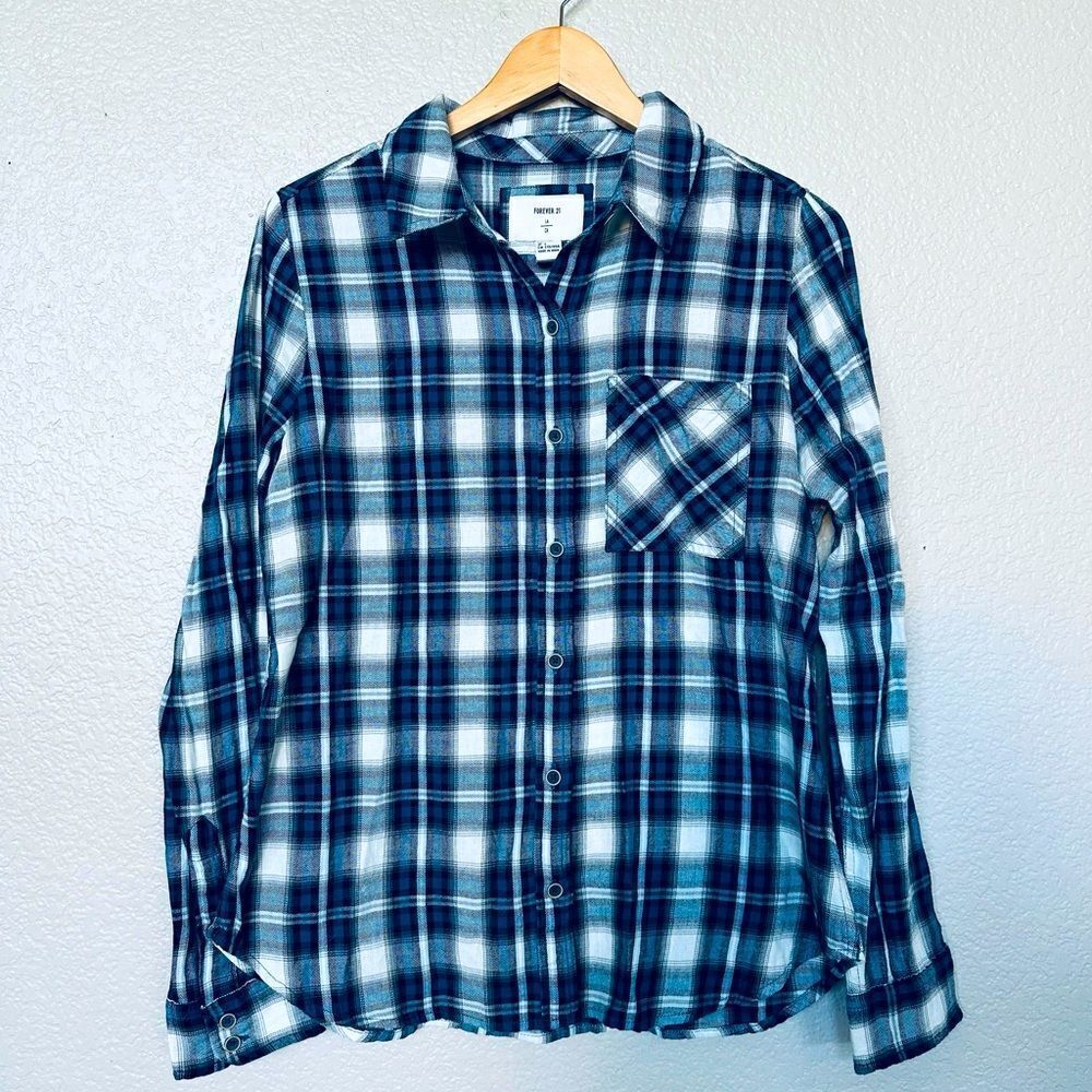 Forever 21 Blue Plaid Flannel Button Down Shirt L